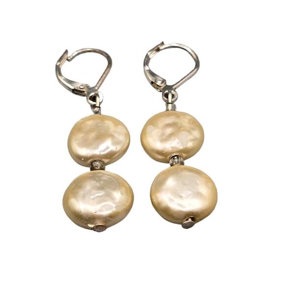 Simulated Coin Pearl Earrings Pierced Off White Dangle Leverback Silver Tone - Picture 1 of 5